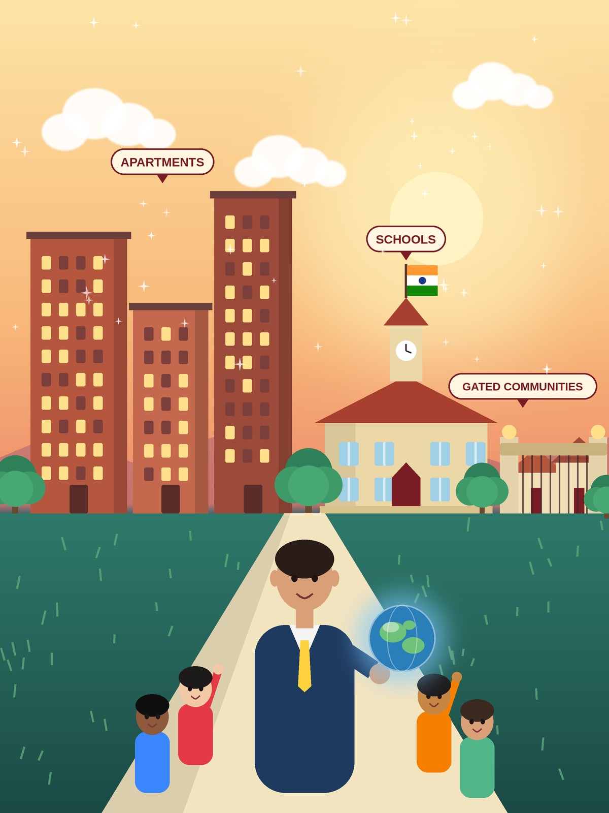 An ELC educator with children outside a school and community towers